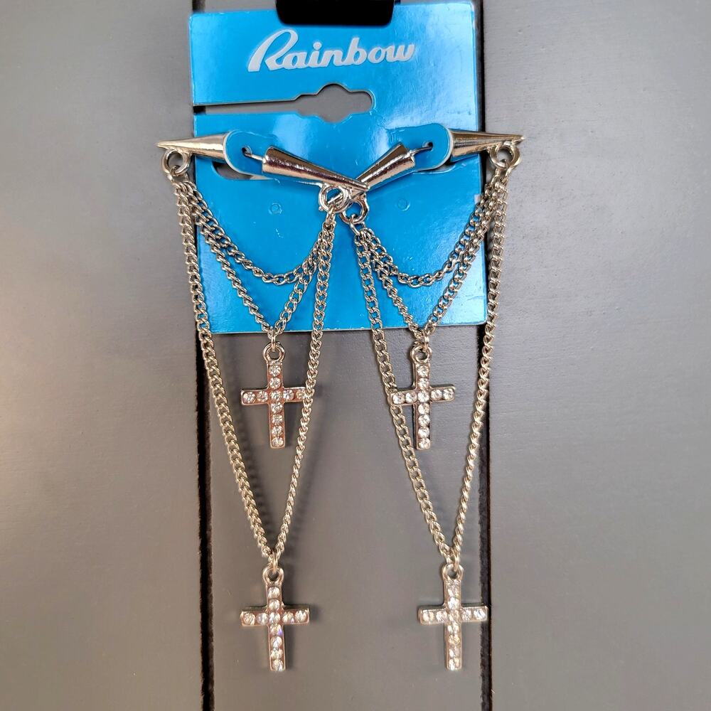 Silver Tone Multi Cross Layered Chain Pierced Earrings 3.5" Rhinestone Edgy Punk